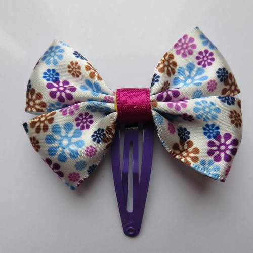 Barrette clic clac 5 cm avec noeud papillon en tissu satin imprimé fleur bleu, violet, marron 