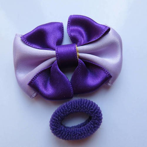 Chouchou élastique mousse avec noeud papillon en tissu satin violet et mauve 