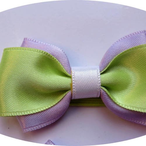 Bandeau headband élastique avec noeud papillon en tissu satin mauve et vert anis 