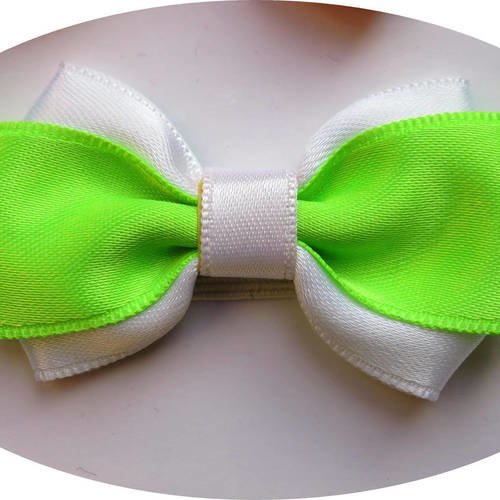 Bandeau headband élastique avec noeud papillon en tissu satin blanc et vert fluo 