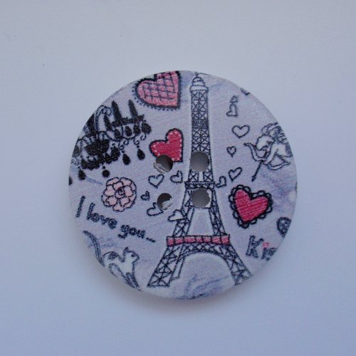 Bouton rond en bois "paris i love you" motifs sur fond gris - 30mm / 3cm - tricot, scrapbooking