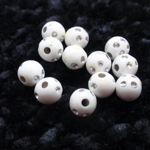 Lot de 12 perles en acrylique rondes blanches avec strass 8mm