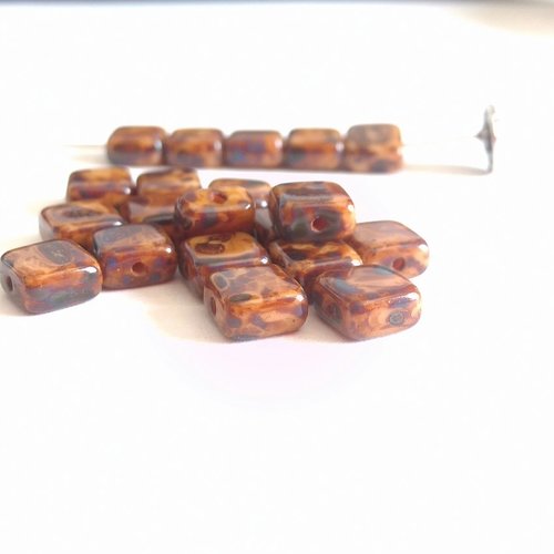 20 perles carrées plates en verre tchèque marron 6x6x3mm