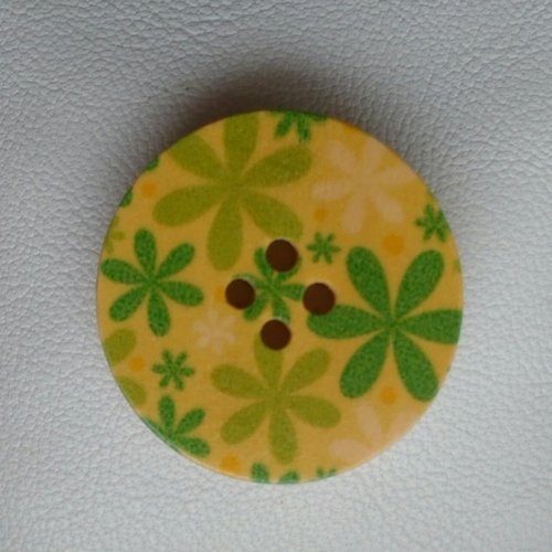 Bouton rond en bois motif fleurs vertes sur fond marron - 30mm / 3cm - tricot, scrapbooking