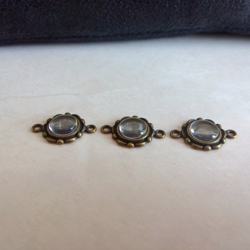 Lot 3 cabochons en verre loupe + 3 supports connecteurs ronds bronze 24x16 mm