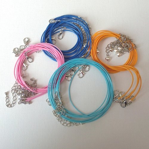 Lot de 5 supports colliers ras du cou ou tour de cou coton ciré brillant 1 mm couleurs rose, bleu, orange, turquoise - 45cm