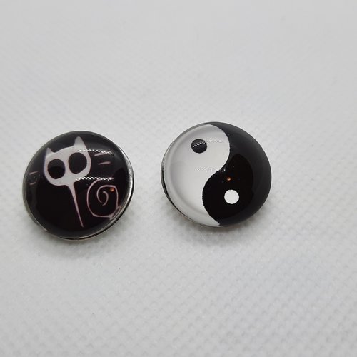Lot 2 boutons pression chunk "noir et blanc" cabochon spécial bracelet ou bague - 18 mm