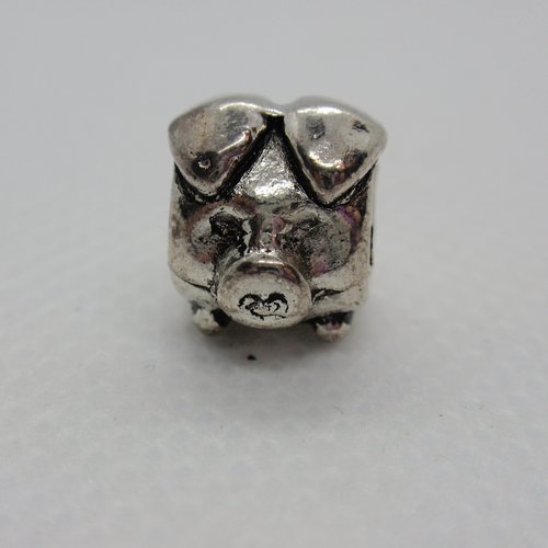 Perle charm cochon en métal argenté antique 9mm 
