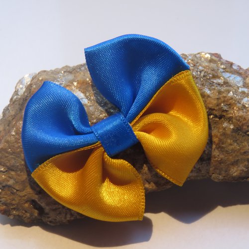 Petit noeud papillon en tissu satin bleu et jaune pour les cheveux ou en broche