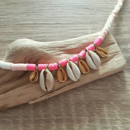 Collier bracelet coquillage collection caurishi chic - rose, blanc et doré