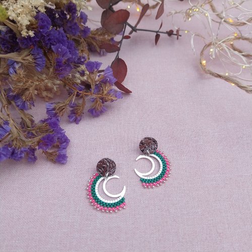Boucles d'oreilles - collection moon - vert, rose et argent