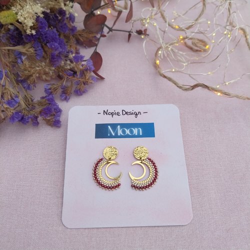 Boucles d'oreilles - collection moon - beige, cranberries et or