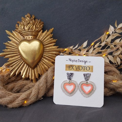 Boucles d'oreilles - collection ex voto - coeurs sacrés - orange flamingo et argent