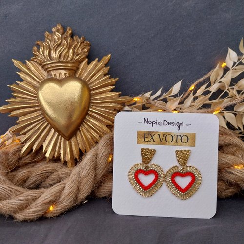 Boucles d'oreilles - collection ex voto - coeurs sacrés - rouge et or