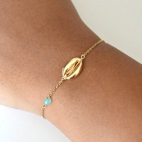 Bracelet femme cauri en métal plaqué-or  perle de jade chaine fine - plaqué or