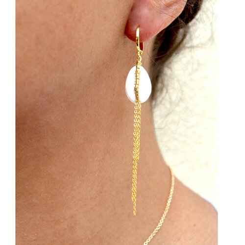 Boucles d 'oreilles pendantes  cauris perles miyuki et chaine  -plaque or