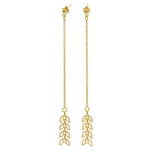 Boucles d'oreilles pendantes  délicates minimaliste  chaîne feuille de laurier doré à l 'or fin bijou fait main/ handmade