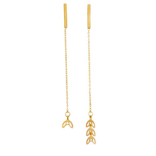 Boucles d'oreilles pendantes asymétriques  délicates minimaliste chaîne feuille de laurier  doré à l 'or