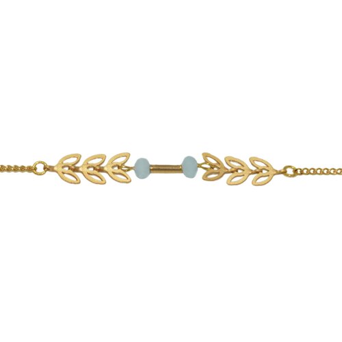 Bracelet délicat minimaliste chaîne feuille de laurier à l 'or fin et perle de verre  bijou de créateur / handmade / moderne féminine