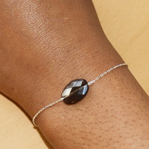 Bracelet femme / chaîne très fine délicate /perle de quartz  fumé  /argent massif 925 / bracelet minimaliste