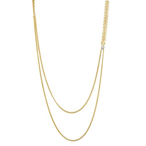 Collier  sautoir multirangs  feuilles de laurier perle de nacre  - doré à l 'or fin  / bijoux de créateur / handmade / moderne féminine