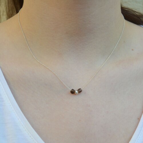 Collier minimaliste  femme en argent 925 de  perles, quartz fumé,  idée cadeau pour elle, cadeau de demoiselles d 'honneur
