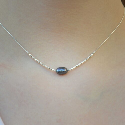 Collier minimaliste  femme en argent massif 925, chaîne très fine délicate perle d 'eau douce , cadeau pour femme