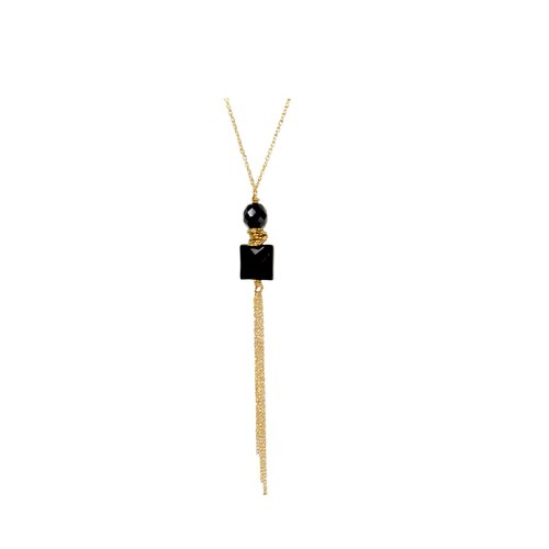 Collier sautoir plaqué or  en pierre semi-précieuse d'agate noir plaqué , collier femme, cadeau pour elle
