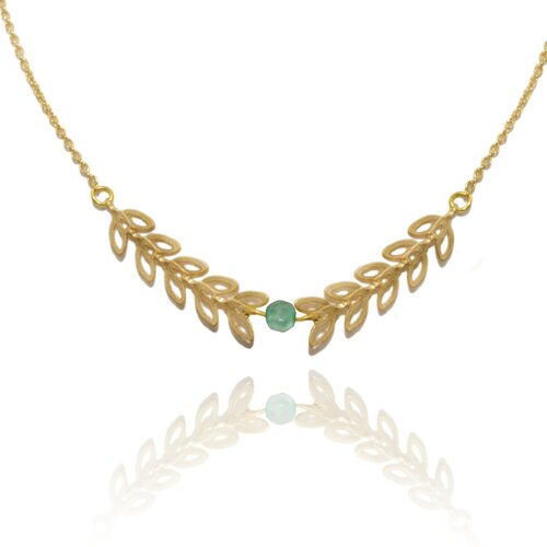 Collier délicat minimaliste chaîne feuille de laurier perle de jade  doré à l 'or fin, cadeau pour elle