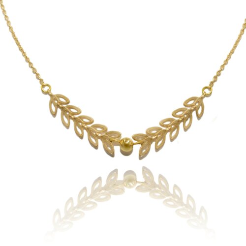 Collier délicat minimaliste chaîne feuille de laurier perle  doré à l 'or fin  bijou de créateur / handmade / modern féminine