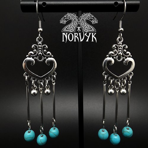 Boucles d'oreilles pendantes viking femme en métal et perles pierres turquoise bleu inspiration lagertha.