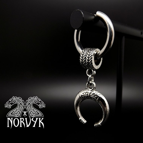 Boucle d'oreille mono créole viking en acier inoxydable argenté et corne en métal, homme ou femme