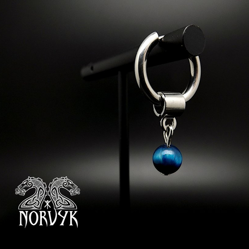 Mono créole en acier inoxydable avec perle œil de tigre bleu de 6 mm, homme ou femme , cadeau.