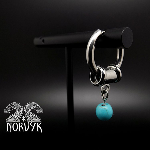 Boucle d'oreille créole homme ou femme en acier inoxydable avec perle pierre turquoise de 6 mm légère et de qualité ,, cadeau