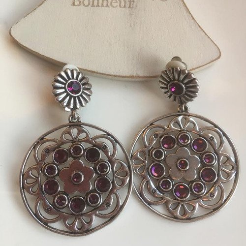 Boucles d'oreilles clips pendentif métal argenté et cabochons violets