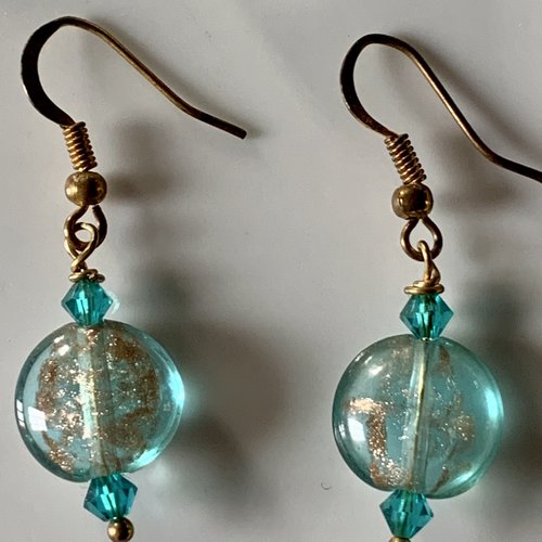 Boucles d'oreilles perle en verre turquoise et toupie cristal turquoise