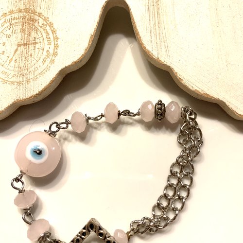 Bracelet chaîne métal argenté perles roses
