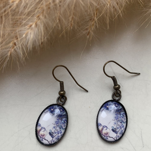Boucles d'oreilles cabochons ovales bronze oiseaux bleus