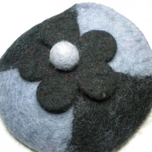 Porte-monnaie rond en laine bouillie noir et gris