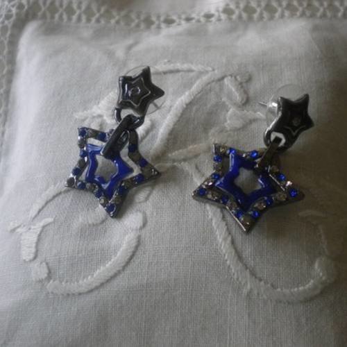 Boucles d'oreilles métal etoiles en bleu et anthracite 