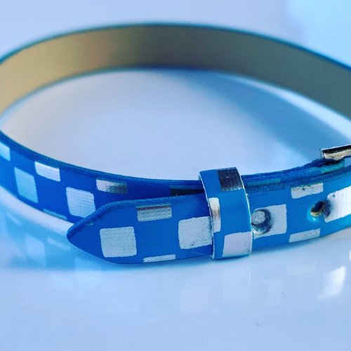 Bracelet simili cuir bleu motif damier x1