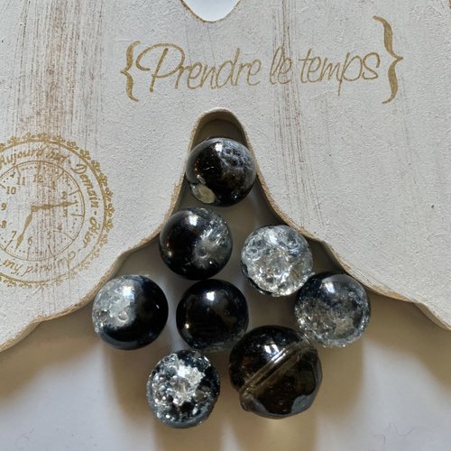 Lot de 8 perles rondes en verre en noir craquelées