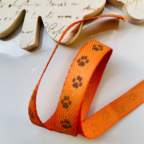 Ruban coton orange motifs pattes de chien x55cm