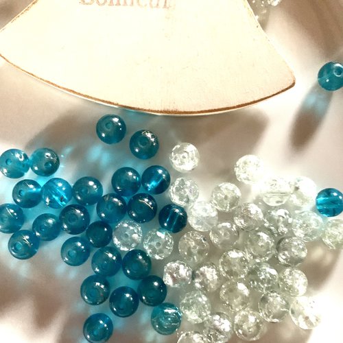 Lot 60 perles rondes verre transparent et bleu