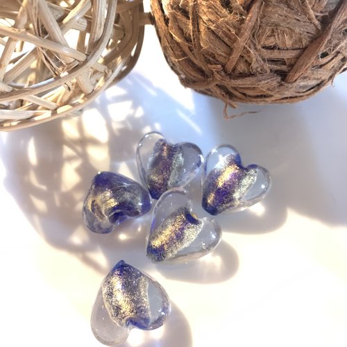 5 perles en verre coeur bleu nuit et feuille d'or