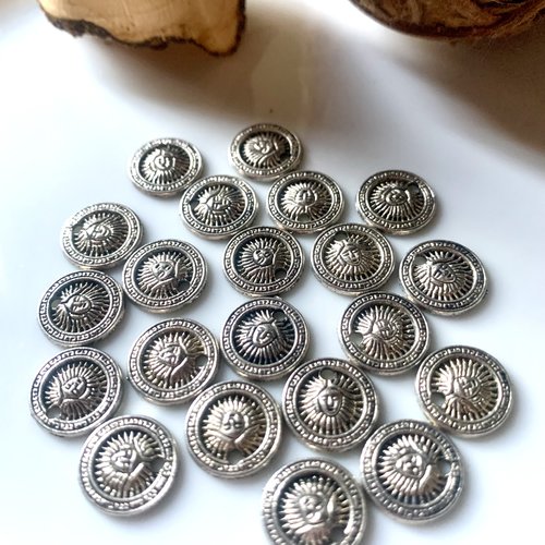 20 pièces en métal argenté rondes percées 11mm