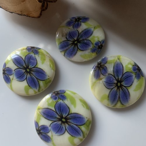Perles rondes nacre fleurs en vert et bleu x4