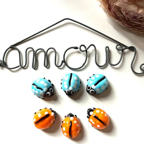 6 coccinelles en verre en bleu et orange