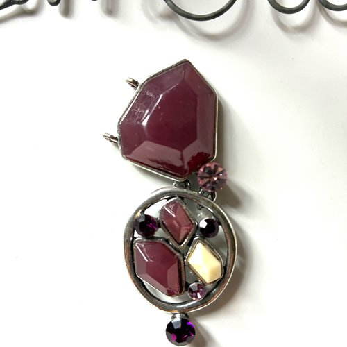 Pendentif métal argenté cabochons blancs et violet