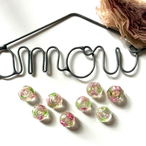 8 perles en cristal facettées vert et rose à fleurs